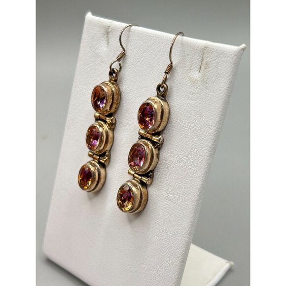 Sterling Silver Dangles Earrings Pierced Dangles Color Changing Glass Stones - Picture 3 of 8